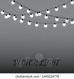 Christmas lights isolated realistic design elements. Garlands decorations. Glowing lights for Xmas Holiday greeting card design.
