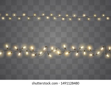 Christmas lights isolated realistic design elements. Glowing lights for Xmas Holiday cards, banners, posters, web design. Garlands decorations.