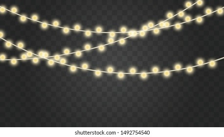 Christmas lights isolated realistic design elements. Garlands, light Christmas decorations. Xmas glowing garland.