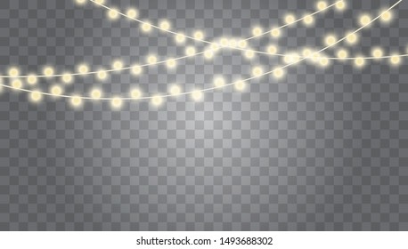 Christmas lights isolated realistic design elements. Garlands, light Christmas decorations. Xmas glowing garland. Vector illustration