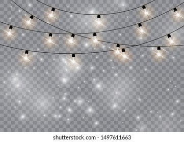 Christmas lights isolated realistic design elements. Glowing lights for Xmas Holiday cards, banners, posters, web design. Garlands decorations. Vector illustration.
