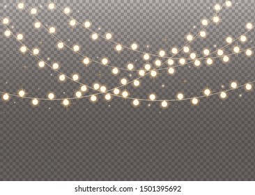 Christmas lights isolated realistic design elements. Glowing lights for Holiday cards, banners, posters, web design. Set of golden glowing garland.