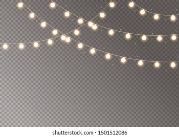 Christmas lights isolated realistic design elements. Glowing lights for Holiday cards, banners, posters, web design. Set of golden glowing garland.