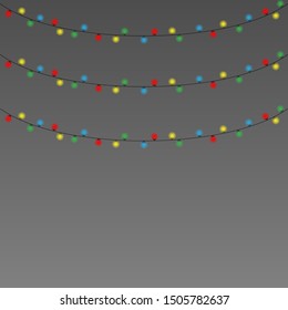 	
Christmas lights isolated realistic design elements. Glowing lights for Xmas Holiday cards, banners, posters, web design. Garlands decorations. Led neon lamp