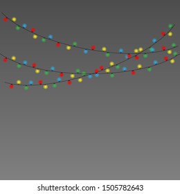 	
Christmas lights isolated realistic design elements. Glowing lights for Xmas Holiday cards, banners, posters, web design. Garlands decorations. Led neon lamp