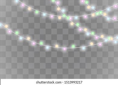 Christmas lights isolated realistic design elements. Glowing lights for Xmas Holiday cards, banners, posters, web design. Garlands decorations. Led neon lamp