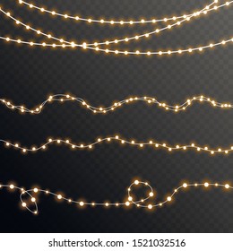 Christmas lights isolated realistic design elements. Glowing lights for Xmas Holiday cards, banners, posters, web design.