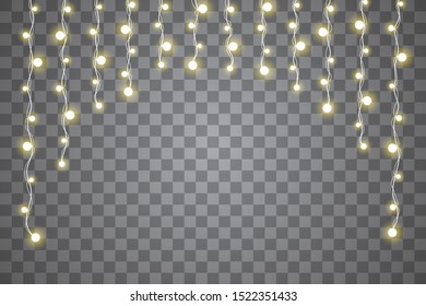 Christmas lights isolated realistic design elements. Glowing lights for Xmas Holiday cards, banners, posters, web design. Garlands decorations. Vector illustration.