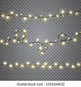 Christmas lights isolated realistic design elements. Glowing lights for Xmas Holiday cards, banners, posters, web design. Garlands decorations. Vector illustration. 