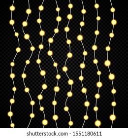 Christmas lights isolated realistic design elements. Glowing lights for cards, banners, posters, web design. Garlands decorations.