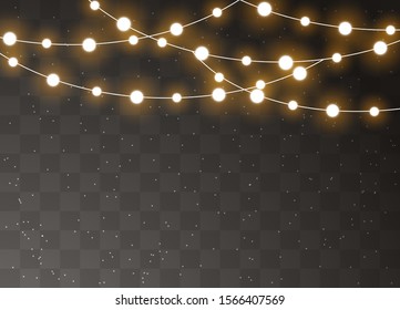 Christmas lights isolated realistic design elements. Glowing lights for Xmas Holiday cards, banners, posters, web design. Garlands decorations. Vector illustration.