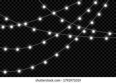 Christmas lights isolated realistic design elements. Garlands, light Christmas decorations. Xmas glowing garland. Vector illustration