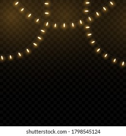 Christmas lights isolated realistic design elements. Xmas glowing lights. Garlands, Christmas decorations.