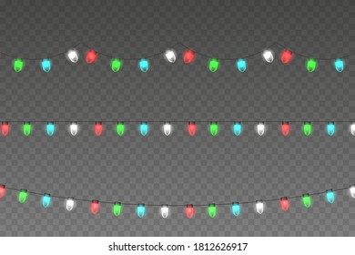 Christmas lights isolated realistic design elements. Glowing lights for Xmas Holiday cards, banners, posters, web design. Garlands decorations. 