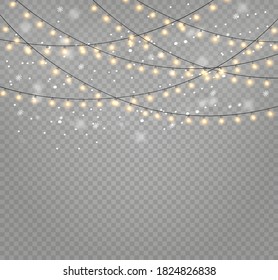 Christmas lights isolated realistic design elements. Glowing lights for Xmas Holiday cards, banners, posters, web design. Garlands decorations. Led neon lamp