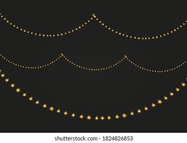 Christmas lights isolated realistic design elements. Glowing lights for Xmas Holiday cards, banners, posters, web design. Garlands decorations. Led neon lamp