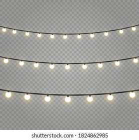 Christmas lights isolated realistic design elements. Glowing lights for Xmas Holiday cards, banners, posters, web design. Garlands decorations. Led neon lamp