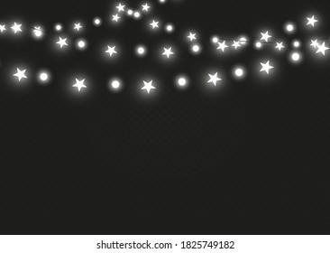 Christmas lights isolated realistic design elements. Glowing lights for Xmas Holiday cards, banners, posters, web design. Garlands decorations. Led neon lamp