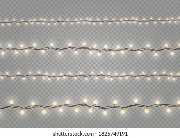 Christmas lights isolated realistic design elements. Glowing lights for Xmas Holiday cards, banners, posters, web design. Garlands decorations. Led neon lamp