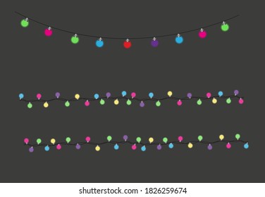 Christmas lights isolated realistic design elements. Glowing lights for Xmas Holiday cards, banners, posters, web design. Garlands decorations. Led neon lamp