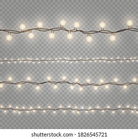 Christmas lights isolated realistic design elements. Glowing lights for Xmas Holiday cards, banners, posters, web design. Garlands decorations. Led neon lamp