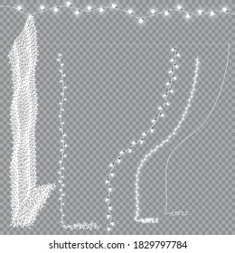 Christmas lights isolated realistic design elements. Glowing lights for Xmas Holiday greeting card design. Garlands, Christmas decorations.