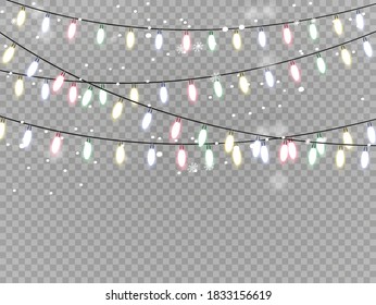Christmas lights isolated realistic design elements. Glowing lights for Xmas Holiday cards, banners, posters, web design. Garlands decorations. Led neon lamp