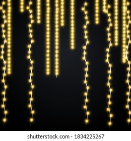 Christmas lights isolated realistic design elements. Glowing lights for Xmas Holiday greeting card design. Garlands, Christmas decorations.