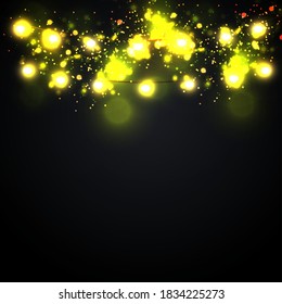 Christmas lights isolated realistic design elements. Glowing lights for Xmas Holiday greeting card design. Garlands, Christmas decorations.