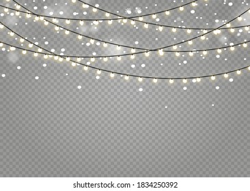 Christmas lights isolated realistic design elements. Glowing lights for Xmas Holiday cards, banners, posters, web design. Garlands decorations. Led neon lamp