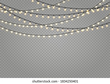 Christmas lights isolated realistic design elements. Glowing lights for Xmas Holiday cards, banners, posters, web design. Garlands decorations. Led neon lamp