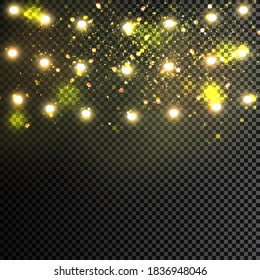 Christmas lights isolated realistic design elements. Glowing lights for Xmas Holiday greeting card design. Garlands, Christmas decorations.