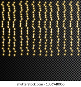 Christmas lights isolated realistic design elements. Glowing lights for Xmas Holiday greeting card design. Garlands, Christmas decorations.