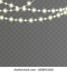 Christmas lights isolated realistic design elements. Glowing lights for Xmas Holiday cards, banners, posters, web design. Garlands decorations. Led neon lamp