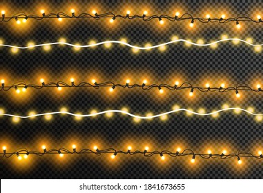 Christmas lights isolated realistic design elements. Glowing lights for Xmas Holiday greeting card design. Garlands, Christmas decorations.