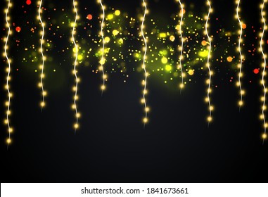 Christmas lights isolated realistic design elements. Glowing lights for Xmas Holiday greeting card design. Garlands, Christmas decorations.