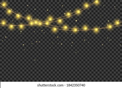 Christmas lights isolated realistic design elements. Glowing lights for Xmas Holiday cards, banners, posters, web design