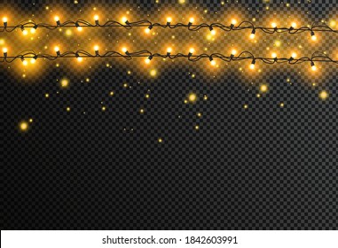 Christmas lights isolated realistic design elements. Glowing lights for Xmas Holiday greeting card design. Garlands, Christmas decorations.