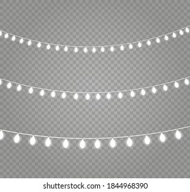 Christmas lights isolated realistic design elements. Glowing lights for Xmas Holiday cards, banners, posters, web design. Garlands decorations. Led neon lamp