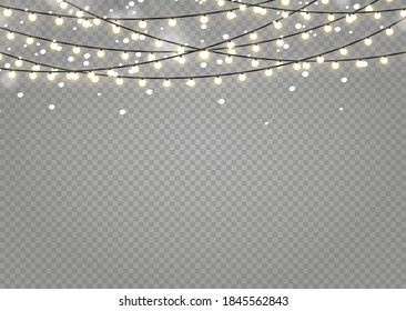 Christmas lights isolated realistic design elements. Glowing lights for Xmas Holiday cards, banners, posters, web design. Garlands decorations. Led neon lamp