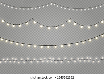 Christmas lights isolated realistic design elements. Glowing lights for Xmas Holiday cards, banners, posters, web design. Garlands decorations. Led neon lamp