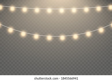 Christmas lights isolated realistic design elements. Glowing lights for Xmas Holiday cards.Garlands decorations.