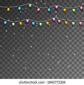 Christmas lights isolated realistic design elements. Vector red, yellow, blue and green glow light bulbs on wire strings isolated.