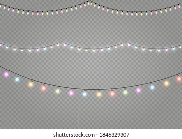 Christmas lights isolated realistic design elements. Glowing lights for Xmas Holiday cards, banners, posters, web design. Garlands decorations. Led neon lamp
