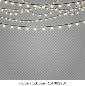 Christmas lights isolated realistic design elements. Glowing lights for Xmas Holiday cards, banners, posters, web design. Garlands decorations. Led neon lamp