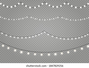 Christmas lights isolated realistic design elements. Glowing lights for Xmas Holiday cards, banners, posters, web design. Garlands decorations. Led neon lamp