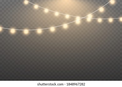 Christmas lights isolated realistic design elements. Set of golden xmas glowing garland with sparks