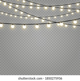 Christmas lights isolated realistic design elements. Glowing lights for Xmas Holiday cards, banners, posters, web design. Garlands decorations. Led neon lamp