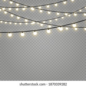 Christmas lights isolated realistic design elements. Glowing lights for Xmas Holiday cards, banners, posters, web design. Garlands decorations. Led neon lamp