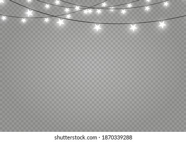 Christmas lights isolated realistic design elements. Glowing lights for Xmas Holiday cards, banners, posters, web design. Garlands decorations. Led neon lamp